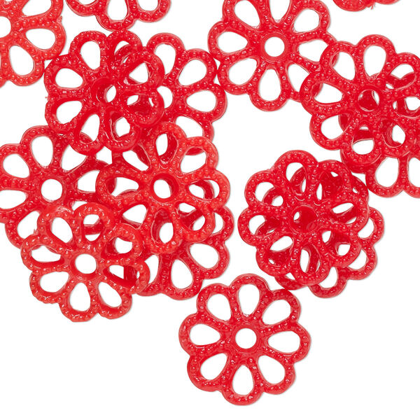 Component, acrylic, opaque red, 14mm flower with cutout design. Sold per pkg of 24. image number 0