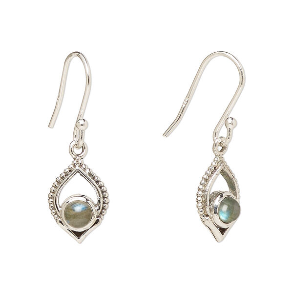 Ear wire, Create Compliments®, antiqued sterling silver and labradorite (natural), fishhook, 28mm with 13.5x9mm single-sided marquise, 21 gauge. Sold per pair. image number 0