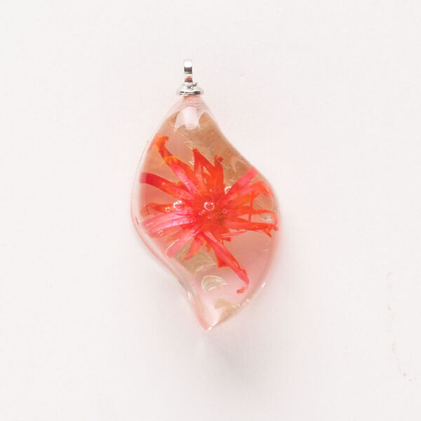Drop, silver-finished brass and resin, red-orange and clear, 24x14mm-25x15mm curve with flower. Sold individually. image number 0