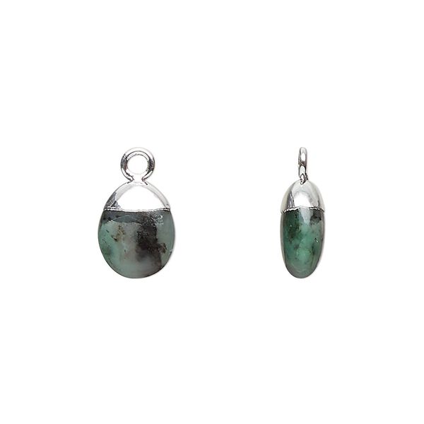 Emerald / copper / sterling silver 1pkg1, silver-plated hand-cut puff oval drop 10x8mm image number 0