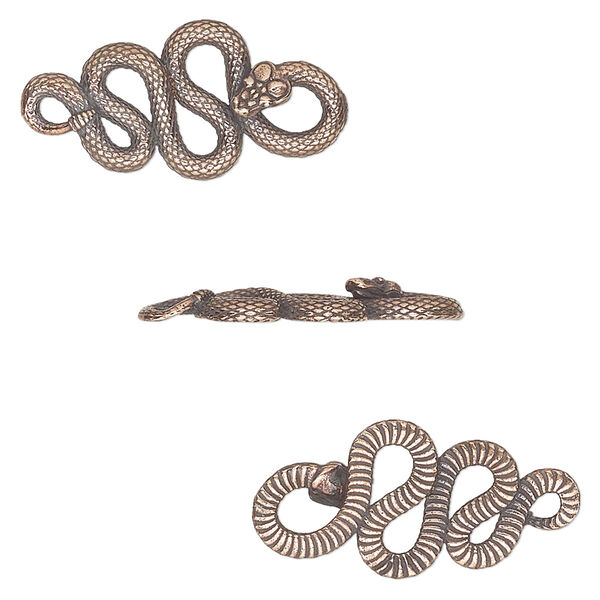 Link, TierraCast®, antique copper-plated pewter (tin-based alloy), 24x11.5mm 2-sided textured rattlesnake. Sold per pkg of 2. image number 0