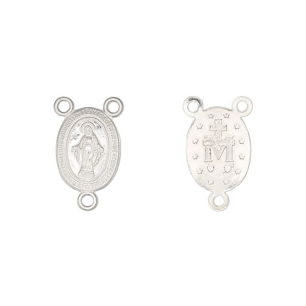Connector, sterling silver, 12x10mm two-sided oval rosary with Mother Mary. Sold individually. image number 0