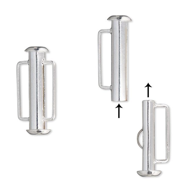 Clasp, slide lock, silver-plated brass, 21x6mm round tube. Sold per pkg of 4. image number 0