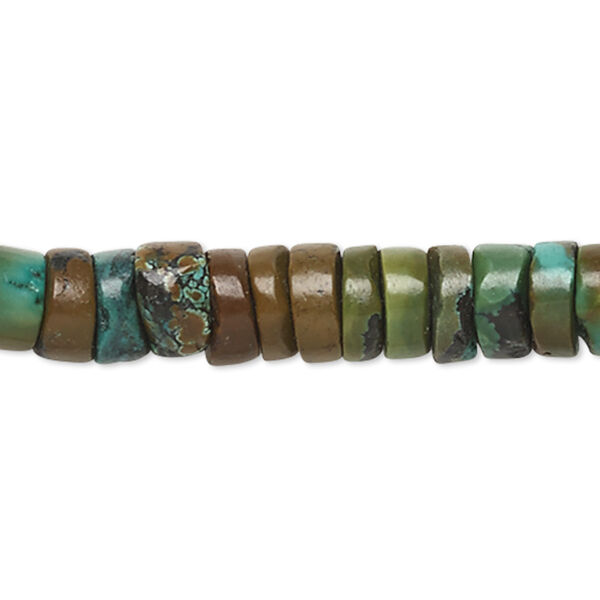 Bead, turquoise (dyed / stabilized), green-brown, 8x3mm-9x6mm heishi, C- grade, Mohs hardness 5 to 6. Sold per 15" to 16" strand. image number 0
