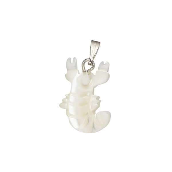 Pendant, mother-of-pearl shell (bleached) / antique silver-finished "pewter" (zinc-based alloy) / steel, 18x12mm-21x14mm single-sided carved lobster. Sold individually. image number 0