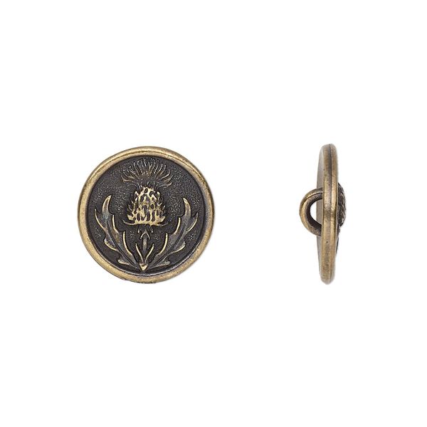 Button, TierraCast®, antique brass-plated pewter (tin-based alloy), 14.5mm round with thistle design. Sold per pkg of 20. image number 0