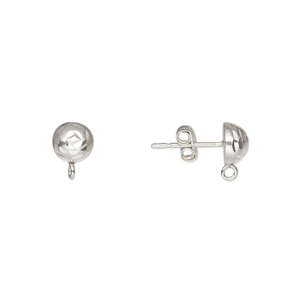 Earstud 1pkg2 sterling silver, 6mm diamond-cut half-ball / closed loop / earnuts, 1 pair image number 0