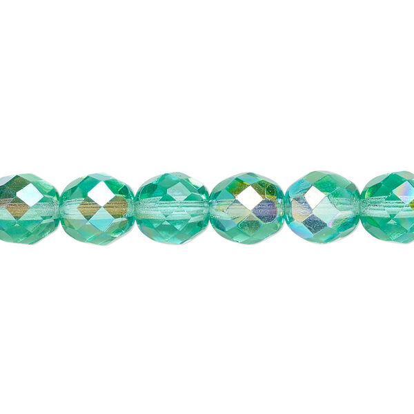 Bead, Czech fire-polished glass, light aqua AB, 8mm faceted round. Sold per 15-1/2" to 16" strand. image number 0