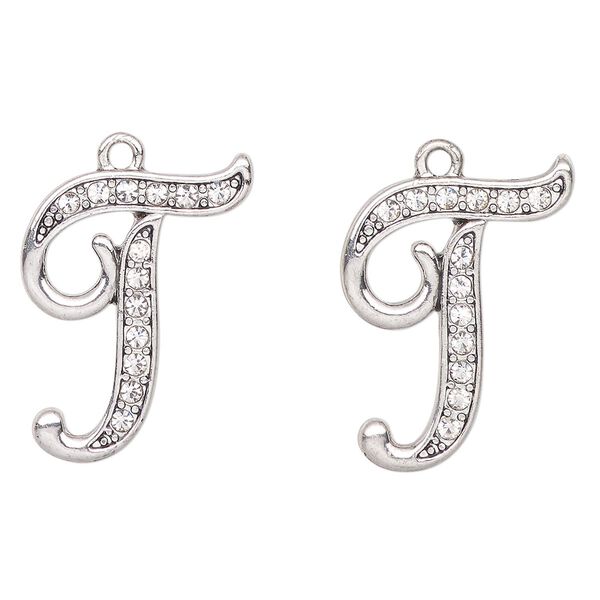 Charm, antique silver-finished "pewter" (zinc-based alloy) and glass, clear, 25x21mm letter "T". Sold per pkg of 2. image number 0