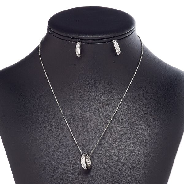 Necklace and earring set, glass rhinestone with silver-plated steel and "pewter" (zinc-based alloy), clear, 16mm open round, 18-inch necklace with 2-inch extender chain and lobster claw clasp, 16mm earrings with post. Sold per set. image number 0