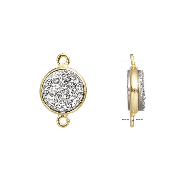 Link, titanium- / electro-coated druzy agate (coated) / gold-finished sterling silver, silver, 11mm hand-cut single-sided flat round. Sold individually. image number 0