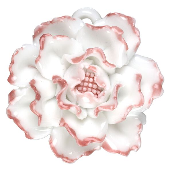Focal, porcelain, pink and opaque white, 41x40mm-45x45mm single-sided carnation with partially hidden loop. Sold individually. image number 0