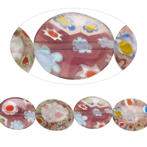 Bead, millefiori glass, translucent dark plum and multicolored, 12x10mm puffed oval. Sold per 15-inch strand, approximately 35 beads. image number 0