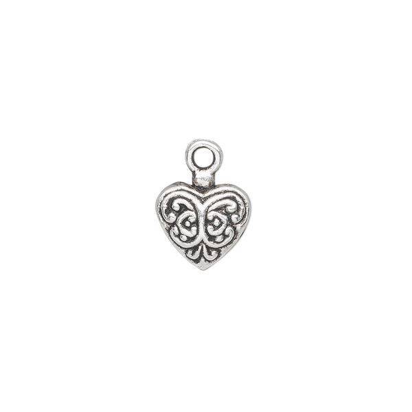 Charm, antique silver-plated "pewter" (zinc-based alloy), 11x10mm single-sided fancy puffed heart. Sold per pkg of 10. image number 0