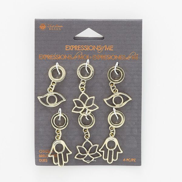 Focal, gold-finished steel and "pewter" (zinc-based alloy), (2) 29x19mm evil eye / (2) 35x18mm lotus / (2) 37x16mm Fatima hand with cutout designs and 6.5mm hole. Sold per pkg of 6. image number 0