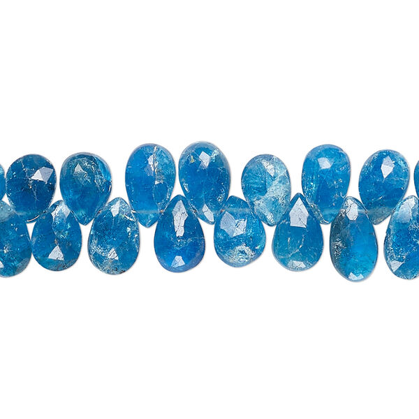 Bead, neon blue apatite (natural), 7x5mm-9x6mm hand-cut top-drilled faceted puffed teardrop, C grade, Mohs hardness 5. Sold per 8-inch strand, approximately 70 beads. image number 0