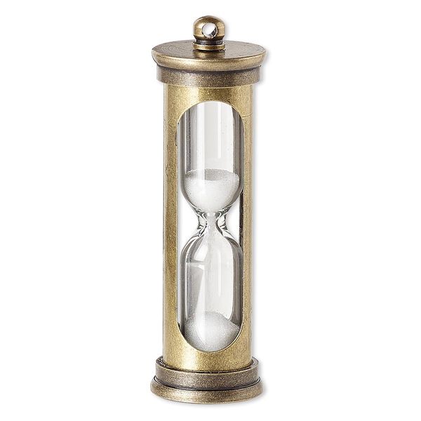 Focal, sand / glass / silicone / antiqued brass, white and clear, 47x14mm hourglass. Sold individually. image number 0