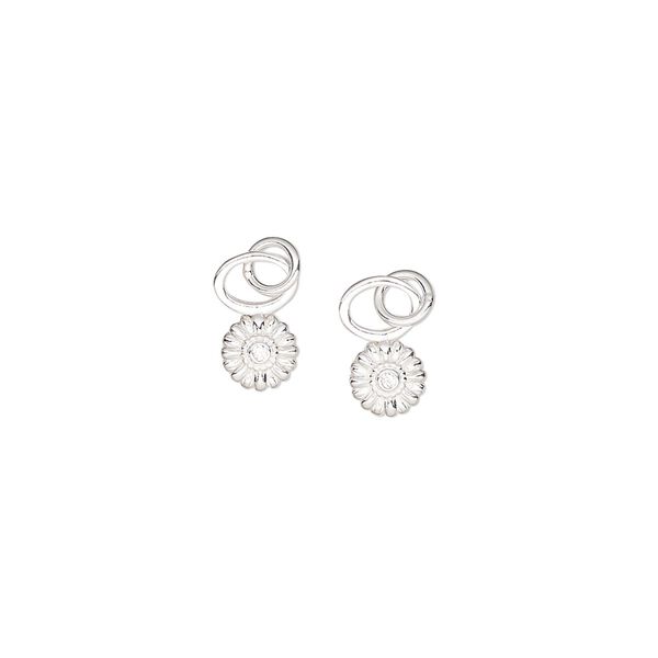 Charm, sterling silver and cubic zirconia, clear, 5mm single-sided sunflower with 4mm closed oval loop. Sold per pkg of 2. image number 0