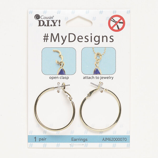 Earring, steel, pkg/1 pair, gold finish, 30mm hoop with hinged closure. image number 0
