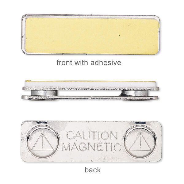Badge holder, magnetic, neodymium and nickel-finished "pewter" (zinc-based alloy), white, 45x13mm rectangle with 43x11mm adhesive front. Sold per pkg of (2) 2-piece sets. image number 0
