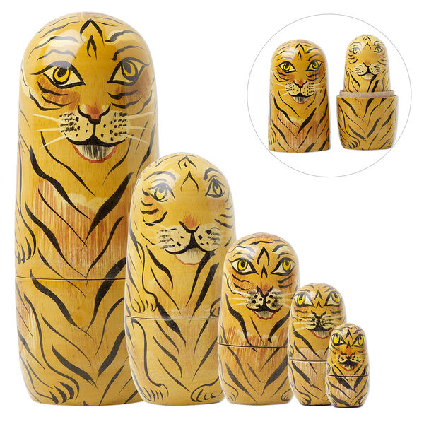 Nesting box, wood, multicolored, 1-1/4 x 1/2 to 6-1/4 x 2-inch hand-painted tiger. Sold per 5-piece set. image number 0