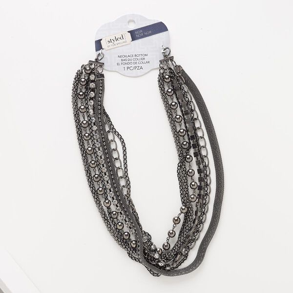 Necklace component, 7-strand, glass rhinestone / gunmetal-coated plastic / gunmetal-finished steel / "pewter" (zinc-based alloy), clear, 18 inches. Sold individually. image number 0