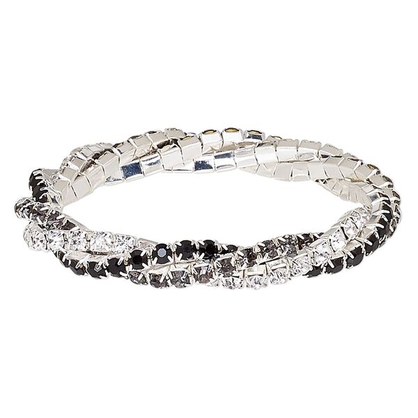 Bracelet, stretch, glass rhinestone and silver-plated brass, clear / black / smoky grey, 9mm wide braided cupchain, 7 inches. Sold individually. image number 0