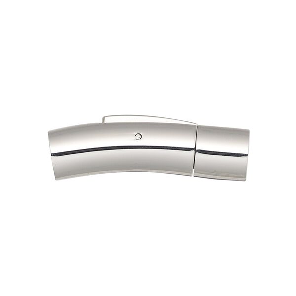 Clasp, bullet, stainless steel, 30x9mm curved round tube with push button and glue-in ends, 6mm inside diameter. Sold individually. image number 0