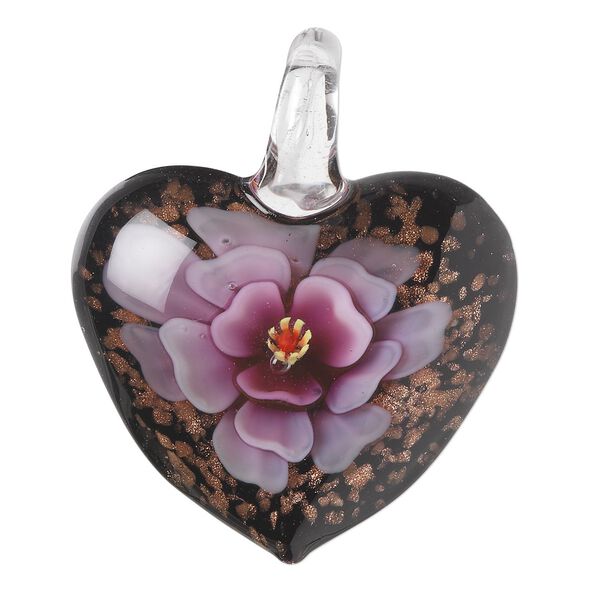 Pendant, lampworked glass, multicolored with copper-colored foil, 42x36mm single-sided puffed heart with flower design. Sold individually. image number 0