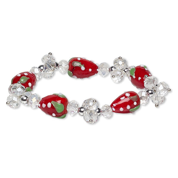 Bracelet, stretch, acrylic / glass / lampworked glass / silver-coated acrylic, multicolored AB, 17mm wide with strawberry, 7 inches. Sold individually. image number 0