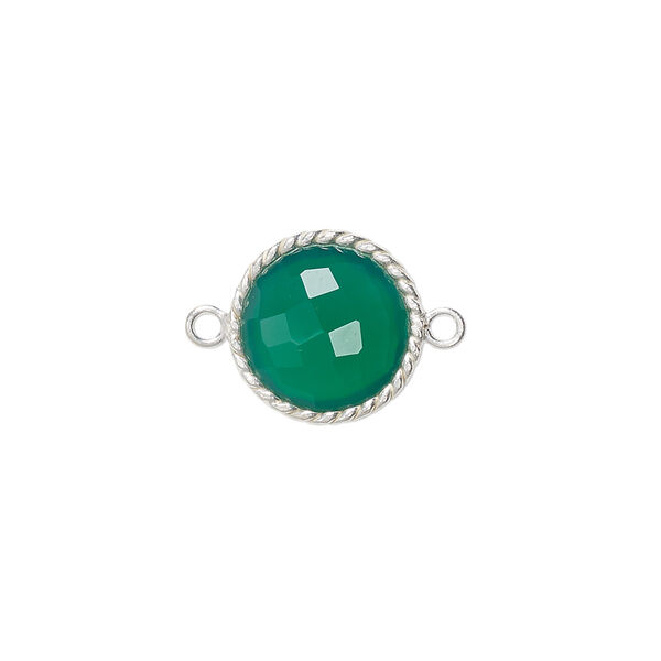 Link, green onyx (dyed) and sterling silver, 14-16mm hand-cut double-sided faceted round with twisted wire design. Sold individually. image number 0