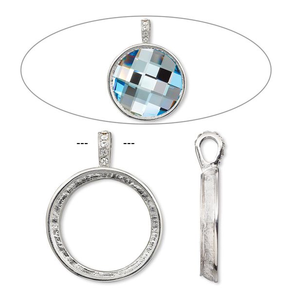 Pendant, Almost Instant Jewelry®, crystals and imitation rhodium-plated "pewter" (zinc-based alloy), crystal clear, 44x34mm single-sided smooth round with 30mm round setting. Sold individually. image number 0