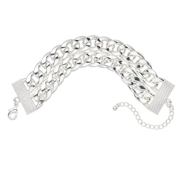 Bracelet, 2-strand, silver-plated steel and "pewter" (zinc-based alloy), 30.5mm wide, 7 inches with 3-inch extender chain and lobster claw clasp. Sold individually. image number 0