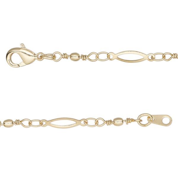 Chain, gold-finished brass, 11x2mm open oval and handmade wire-wrapped links with 2mm ball, 20 inches with lobster claw clasp. Sold individually image number 0