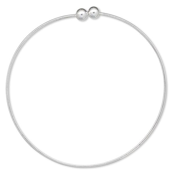 Bracelet, bangle, silver-plated brass, 1.5mm wide round with (2) 6mm twist-off bead ends, 9 inches. Sold individually. image number 0