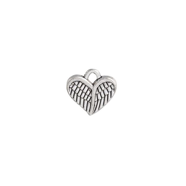 Charm, antique silver-plated "pewter" (zinc-based alloy), 13x10.5mm single-sided heart with wings. Sold per pkg of 20. image number 0