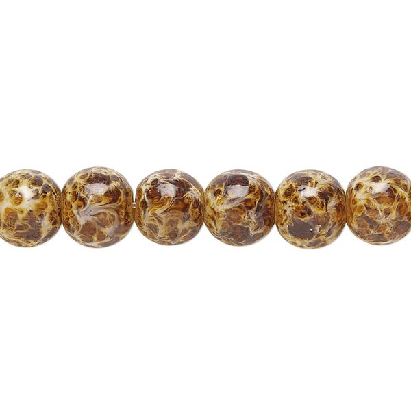 Bead, glass, opaque light brown and dark brown, 7-8mm round with random spotted pattern. Sold per 15-1/2" to 16" strand. image number 0