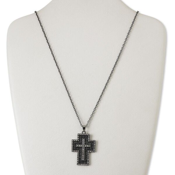 Necklace, glass rhinestone with gunmetal-finished "pewter" (zinc-based alloy) and steel, clear and black, 42x32mm cross, 24 inches with 3-inch extender chain and lobster claw clasp. Sold individually. image number 0