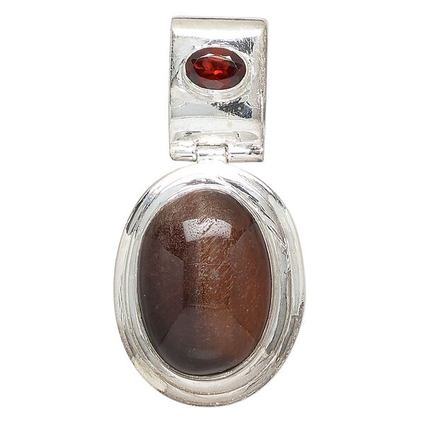 Pendant, red tigereye (heated) / garnet (heated) / sterling silver, 46x23mm oval. Sold individually. image number 0