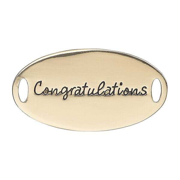 Link, antique gold-finished "pewter" (zinc-based alloy), 38x20mm single-sided flat oval with "Congratulations." Sold individually. image number 0
