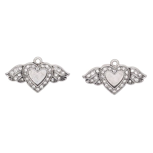 Focal, antique silver-finished "pewter" (zinc-based alloy) and glass, clear, 30x14mm heart with wings. Sold per pkg of 2. image number 0