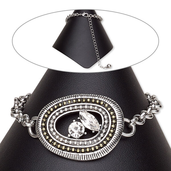 Bracelet, glass rhinestone / brass / silver-plated brass / antique silver-plated steel / "pewter" (zinc-based alloy), clear, 35x27mm open oval, 6-1/2 inches with 2-inch extender chain and lobster claw clasp. Sold individually. image number 0