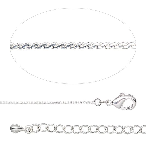 Chain, silver plate brass, 0.4mm serpentine, 18 inches with 2-inch extender chain and lobster claw clasp. Sold individually. image number 0