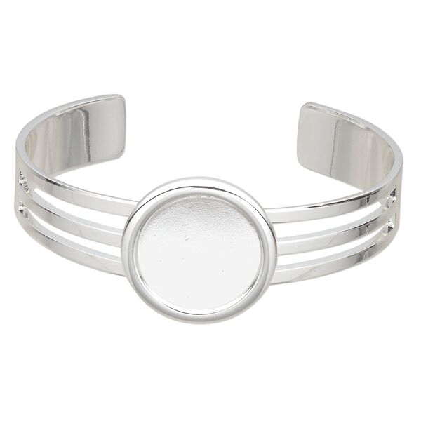 Bracelet, Almost Instant Jewelry®, cuff, silver-plated brass and "pewter" (zinc-based alloy), 64x25mm with 20mm round setting, adjustable. Sold individually. image number 0
