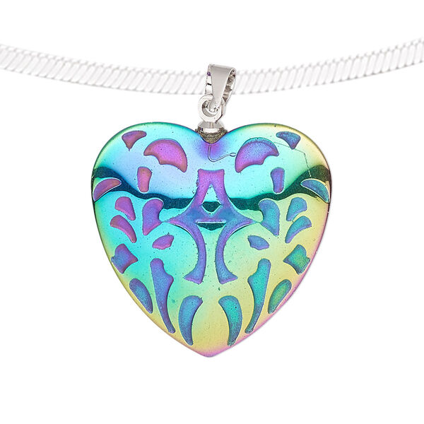 Hemalyke™ / brass 1pkg1, electroplated silver-finished 2-sided fancy design puffed heart pendant 25mm image number 0