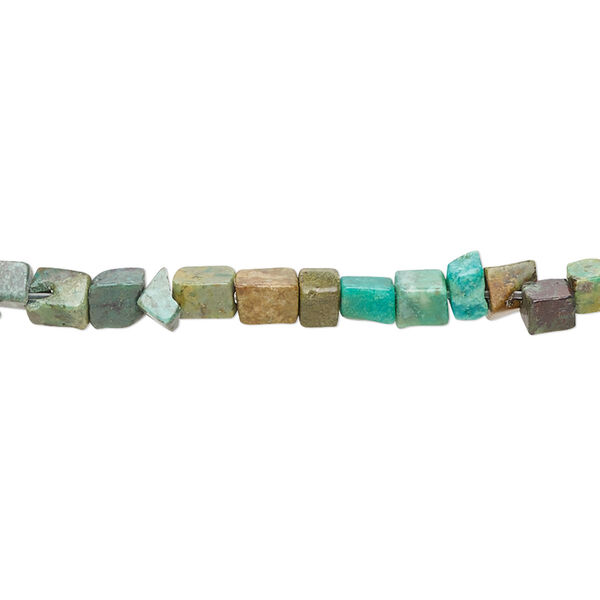 Bead, turquoise (dyed / stabilized), green-brown, 3x2m-5mm uneven cube with 0.8-1.1mm hole, C- grade, Mohs hardness 5 to 6. Sold per 15-inch strand. image number 0