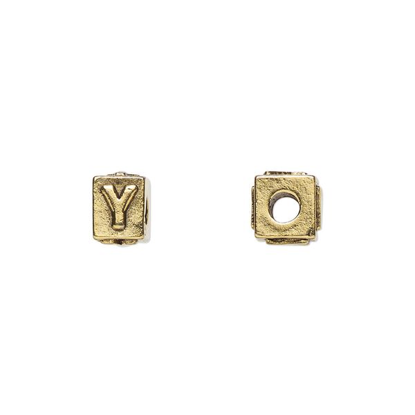 Bead, antique gold-plated pewter (tin-based alloy), 8x6mm rectangle with alphabet letter "Y." Sold per pkg of 4. image number 0