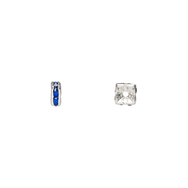Bead, glass rhinestone and silver-plated brass, sapphire blue, 4x2mm squaredelle. Sold per pkg of 10. image number 0