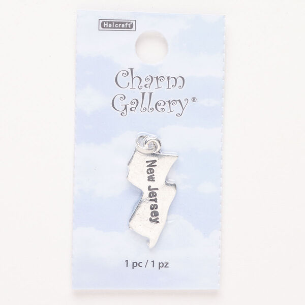 Charm, steel and enamel, pkg/1, silver finish and black, 25x12mm with "New Jersey." image number 0
