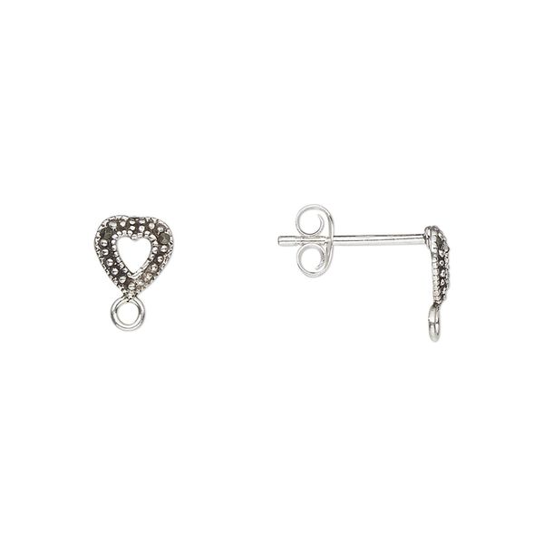 Earstud 1pkg2 sterling silver / marcasite (natural), 6mm open heart / closed loop / earnuts, 1 pair image number 0